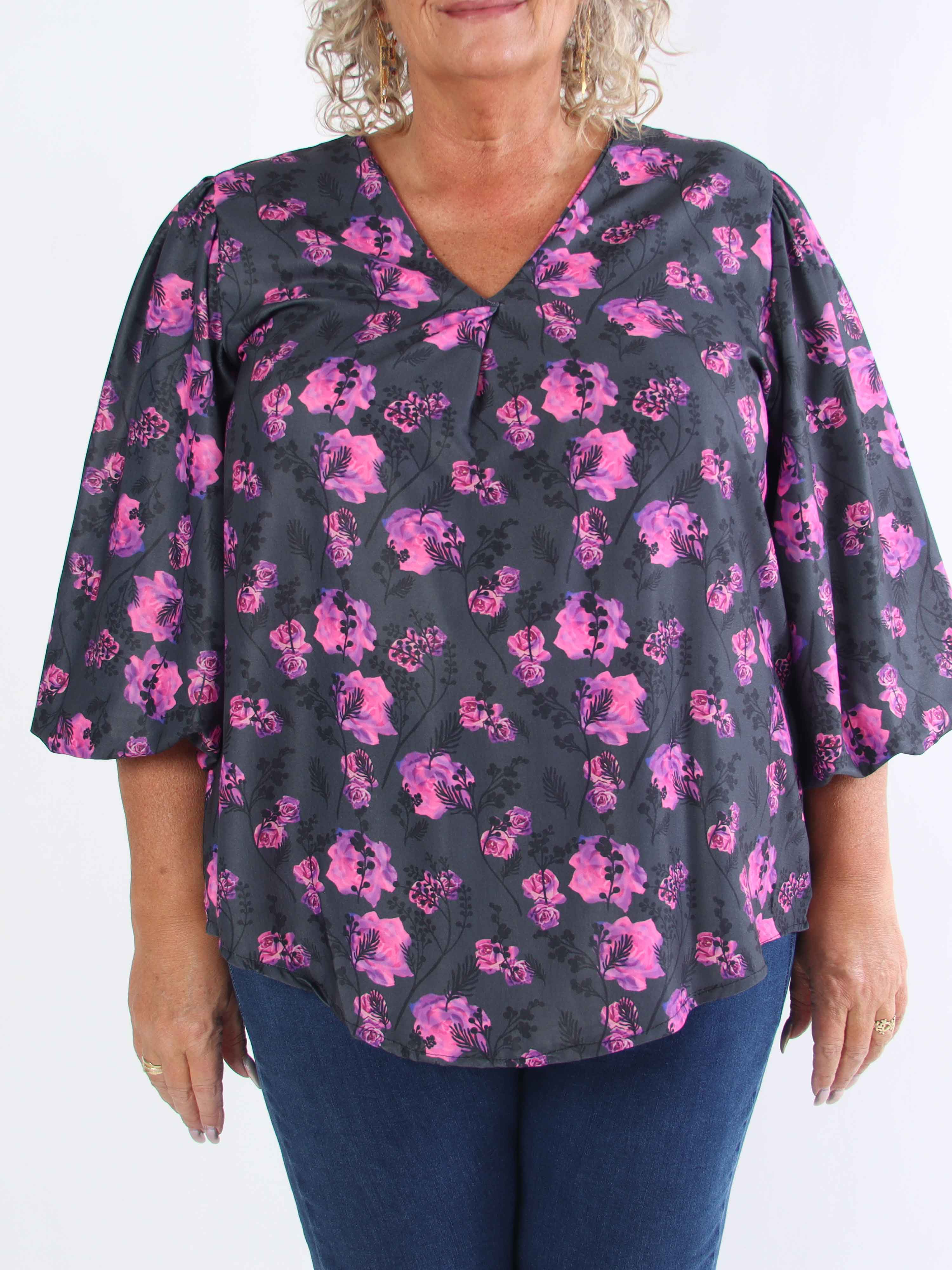 Lenora - Blomstret plus size tunika med pufærmer